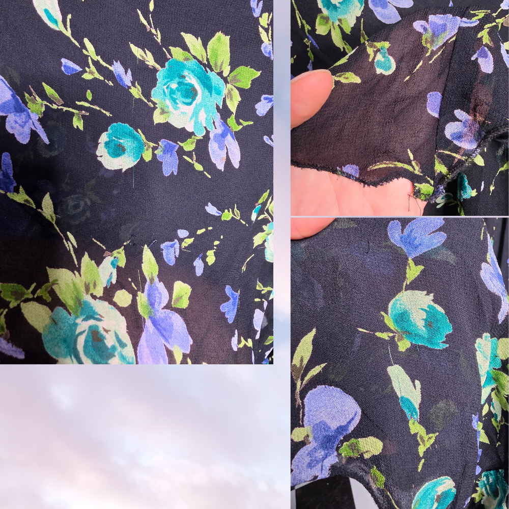 Vtg 90s Floral Ruffle Black Blue Green Formal Cocktail Rayon Asymmetric Dress S - Picture 8 of 9